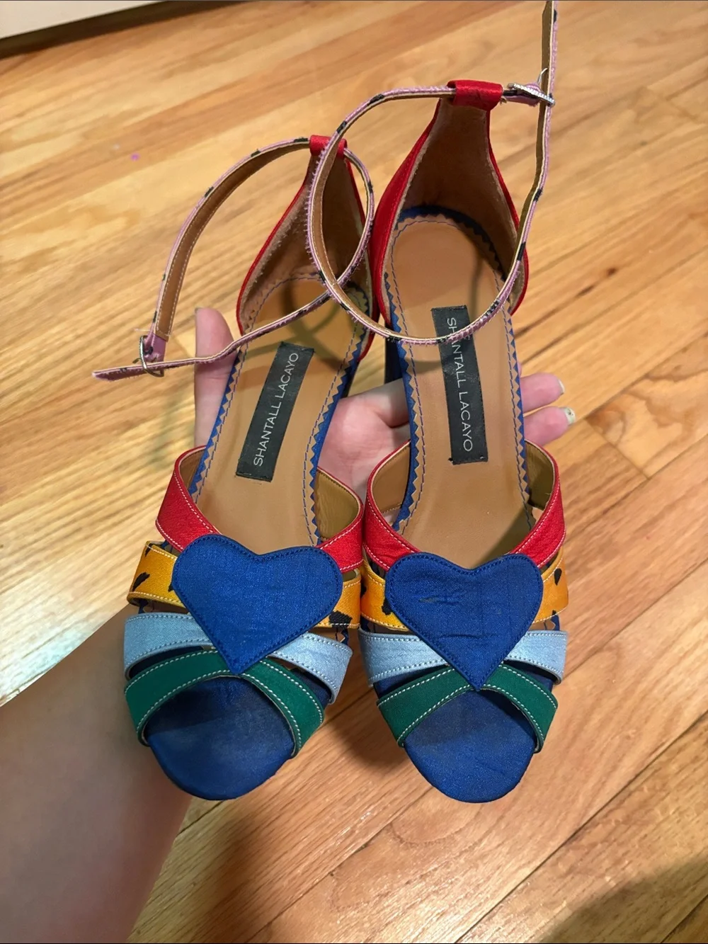 Shantall Lacayo Project Runway Raw Silk Heels Heart Rainbow Ankle-Strap Sandals